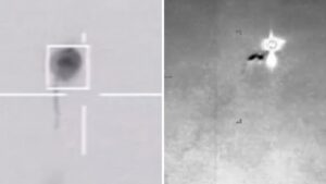 Two-panel image: left shows a square outline with a dark circular center on a light background; a vertical line extends below. Right shows a zoomed-in view with a star-like reticle and a small dark shape near the center.