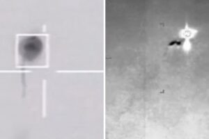 Two-panel image: left shows a square outline with a dark circular center on a light background; a vertical line extends below. Right shows a zoomed-in view with a star-like reticle and a small dark shape near the center.