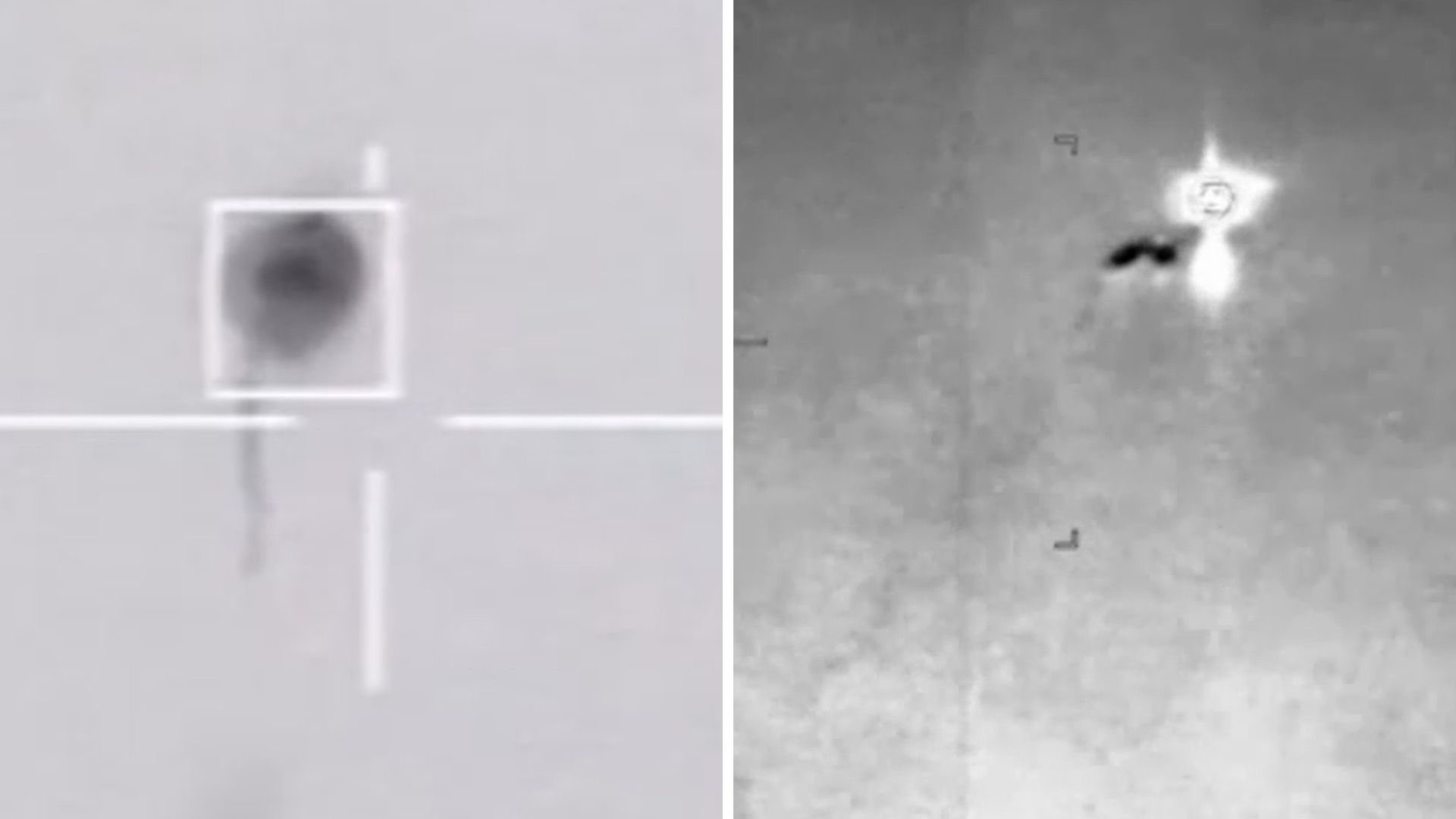 Two-panel image: left shows a square outline with a dark circular center on a light background; a vertical line extends below. Right shows a zoomed-in view with a star-like reticle and a small dark shape near the center.