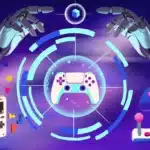 Robotic hands hover over a glowing central game controller, with a handheld console and blue circular UI on a purple background.