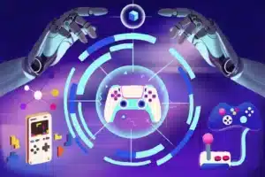 Robotic hands hover over a glowing central game controller, with a handheld console and blue circular UI on a purple background.