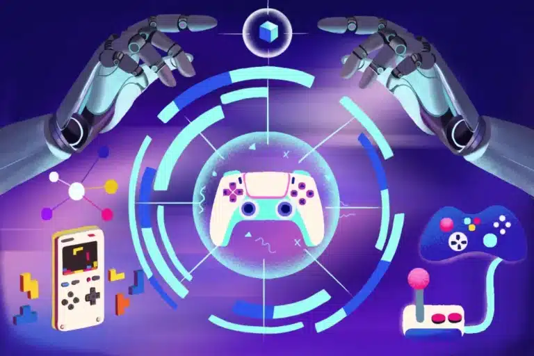 Robotic hands hover over a glowing central game controller, with a handheld console and blue circular UI on a purple background.