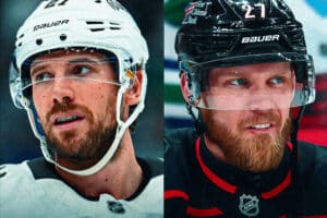 Split-screen of two hockey players wearing helmets, left in white gear, right in black gear, both with beards.