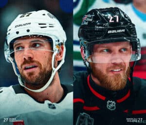 Split-screen of two hockey players wearing helmets, left in white gear, right in black gear, both with beards.