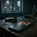 Dim, moody room with a cluttered wooden table; a smartphone shows a woman on a streaming app amid cables, ashtray, and bottle nearby.