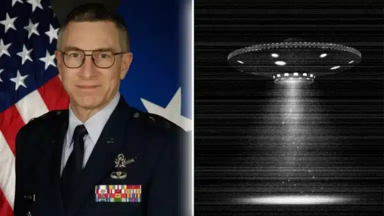 Portrait of a military officer in dress uniform with medals, standing in front of a U.S. flag; a grayscale UFO with beam is shown to the right.