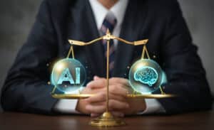 Gold balance scale with AI glyph on the left orb and a glowing brain on the right, held by a person in a suit, symbolizing AI vs human intellect.