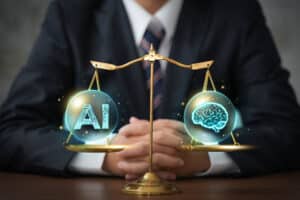 Gold balance scale with AI glyph on the left orb and a glowing brain on the right, held by a person in a suit, symbolizing AI vs human intellect.