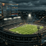 Nighttime aerial view of a packed soccer stadium with illuminated digital data overlays showing scores, graphs, and performance metrics around the field.