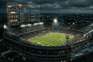 Nighttime aerial view of a packed soccer stadium with illuminated digital data overlays showing scores, graphs, and performance metrics around the field.