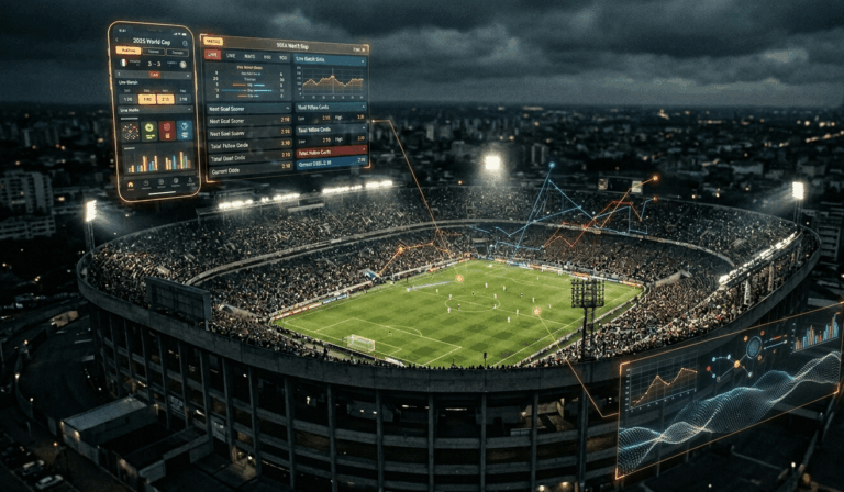 Nighttime aerial view of a packed soccer stadium with illuminated digital data overlays showing scores, graphs, and performance metrics around the field.