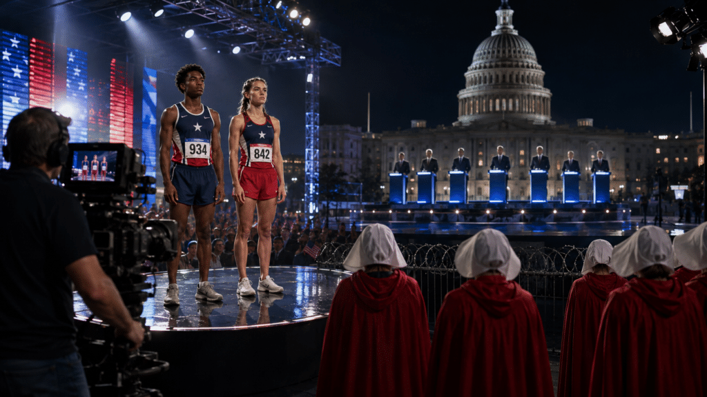 editorial illustration of teenage athletes, government officials, and women in red robes outside the U.S. Capitol