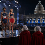 editorial illustration of teenage athletes, government officials, and women in red robes outside the U.S. Capitol