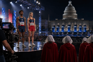 editorial illustration of teenage athletes, government officials, and women in red robes outside the U.S. Capitol