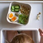 Overhead view of a divided lunch box on a white tray: cucumber slices, sprouts and lentils, microgreens, and two halved hard-boiled eggs; a child’s hands grip the tray from the sides.