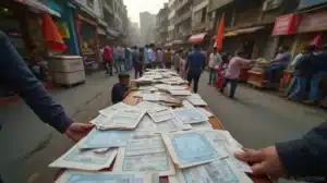 Busy street market with a long table covered in scattered documents as people walk and vendors stand nearby.