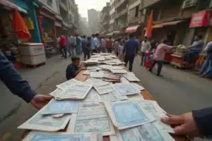Busy street market with a long table covered in scattered documents as people walk and vendors stand nearby.