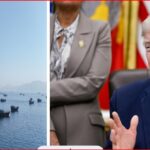 Split image: on the left a calm sea dotted with many boats; on the right former U.S. president Donald Trump speaking at a meeting in a suit.