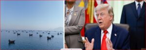 Split image: on the left a calm sea dotted with many boats; on the right former U.S. president Donald Trump speaking at a meeting in a suit.