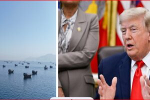 Split image: on the left a calm sea dotted with many boats; on the right former U.S. president Donald Trump speaking at a meeting in a suit.
