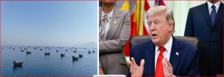 Split image: on the left a calm sea dotted with many boats; on the right former U.S. president Donald Trump speaking at a meeting in a suit.