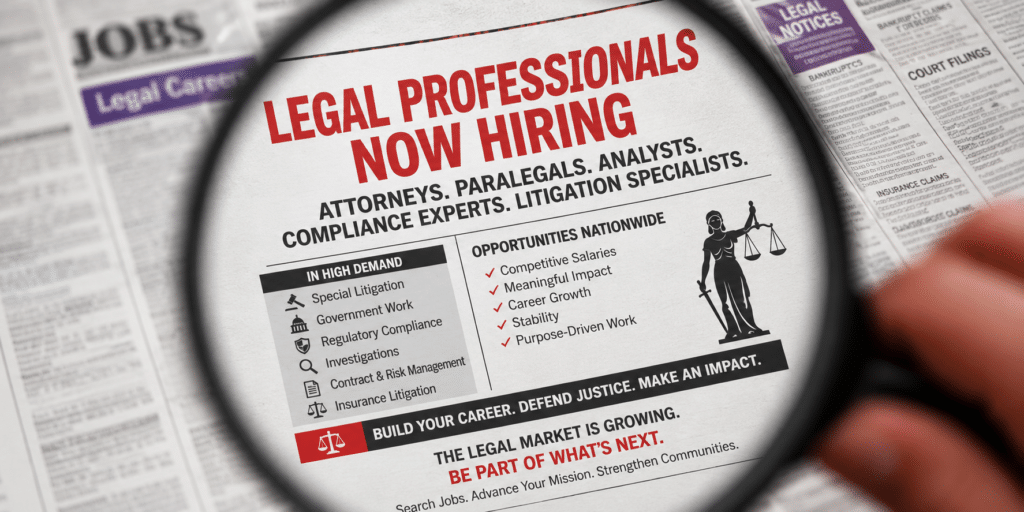 Advertisement in a newspaper under a magnifying glass reading 'LEGAL PROFESSIONALS NOW HIRING' with lists of roles like attorneys, paralegals, and litigation specialists.