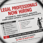 Advertisement in a newspaper under a magnifying glass reading 'LEGAL PROFESSIONALS NOW HIRING' with lists of roles like attorneys, paralegals, and litigation specialists.