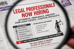 Advertisement in a newspaper under a magnifying glass reading 'LEGAL PROFESSIONALS NOW HIRING' with lists of roles like attorneys, paralegals, and litigation specialists.