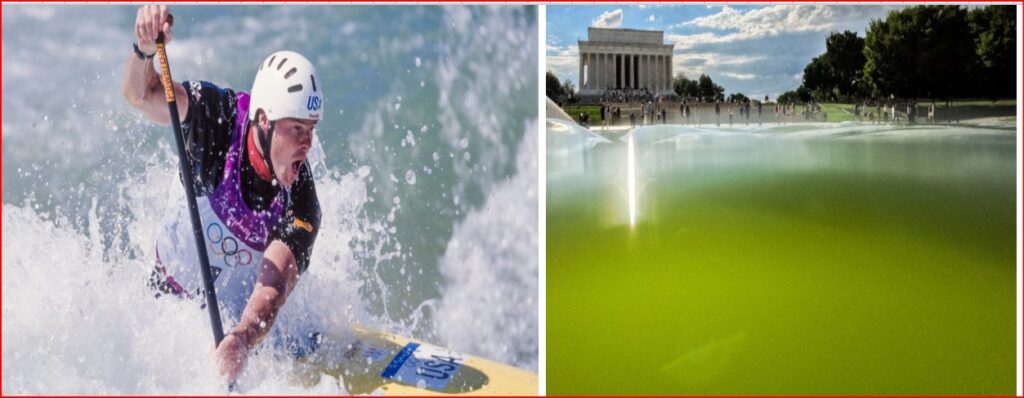 Left: athlete paddling a stand-up paddleboard through spray, wearing a white helmet and USA gear. Right: Lincoln Memorial beside a reflecting pool with people nearby and blue sky.