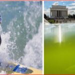 Left: athlete paddling a stand-up paddleboard through spray, wearing a white helmet and USA gear. Right: Lincoln Memorial beside a reflecting pool with people nearby and blue sky.