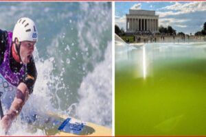 Left: athlete paddling a stand-up paddleboard through spray, wearing a white helmet and USA gear. Right: Lincoln Memorial beside a reflecting pool with people nearby and blue sky.