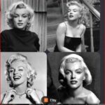 Collage of four black-and-white Marilyn Monroe portraits in vintage styles, including top-left in turtleneck and top-right on stairs, bottom-left laughing, bottom-right close-up
