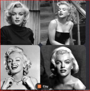 Collage of four black-and-white Marilyn Monroe portraits in vintage styles, including top-left in turtleneck and top-right on stairs, bottom-left laughing, bottom-right close-up