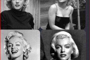 Collage of four black-and-white Marilyn Monroe portraits in vintage styles, including top-left in turtleneck and top-right on stairs, bottom-left laughing, bottom-right close-up