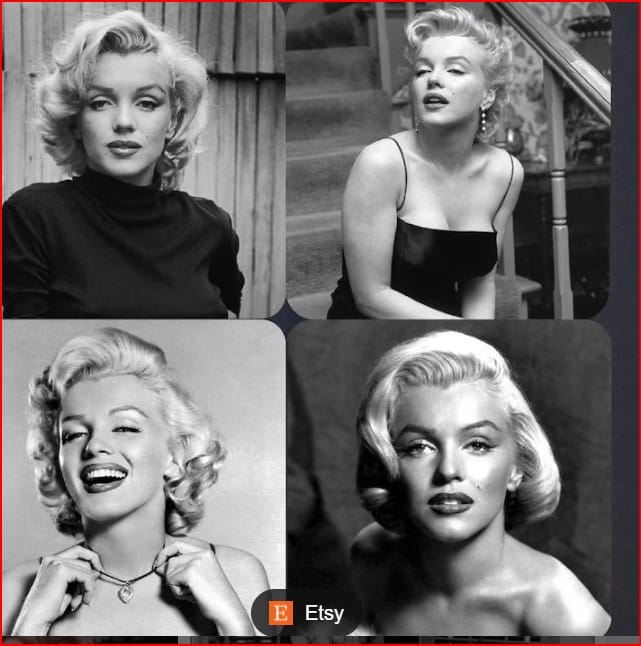 Collage of four black-and-white Marilyn Monroe portraits in vintage styles, including top-left in turtleneck and top-right on stairs, bottom-left laughing, bottom-right close-up