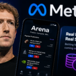 Mark Zuckerberg beside a digital prediction-market interface representing Meta’s reported Arena app