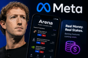 Mark Zuckerberg beside a digital prediction-market interface representing Meta’s reported Arena app