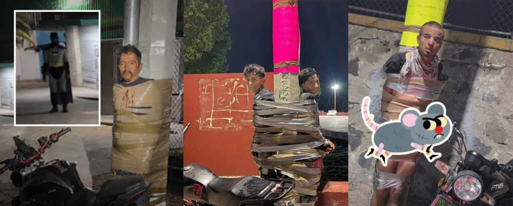 Several men are tied up with duct tape to posts and walls in a dim outdoor area, with motorcycles nearby and a cartoon mouse sticker on the right.