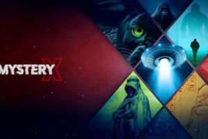 Banner for MysteryX featuring a red-to-blue gradient and a diamond mosaic with sci-fi imagery (alien eye, UFO beam, astronaut, pyramids)