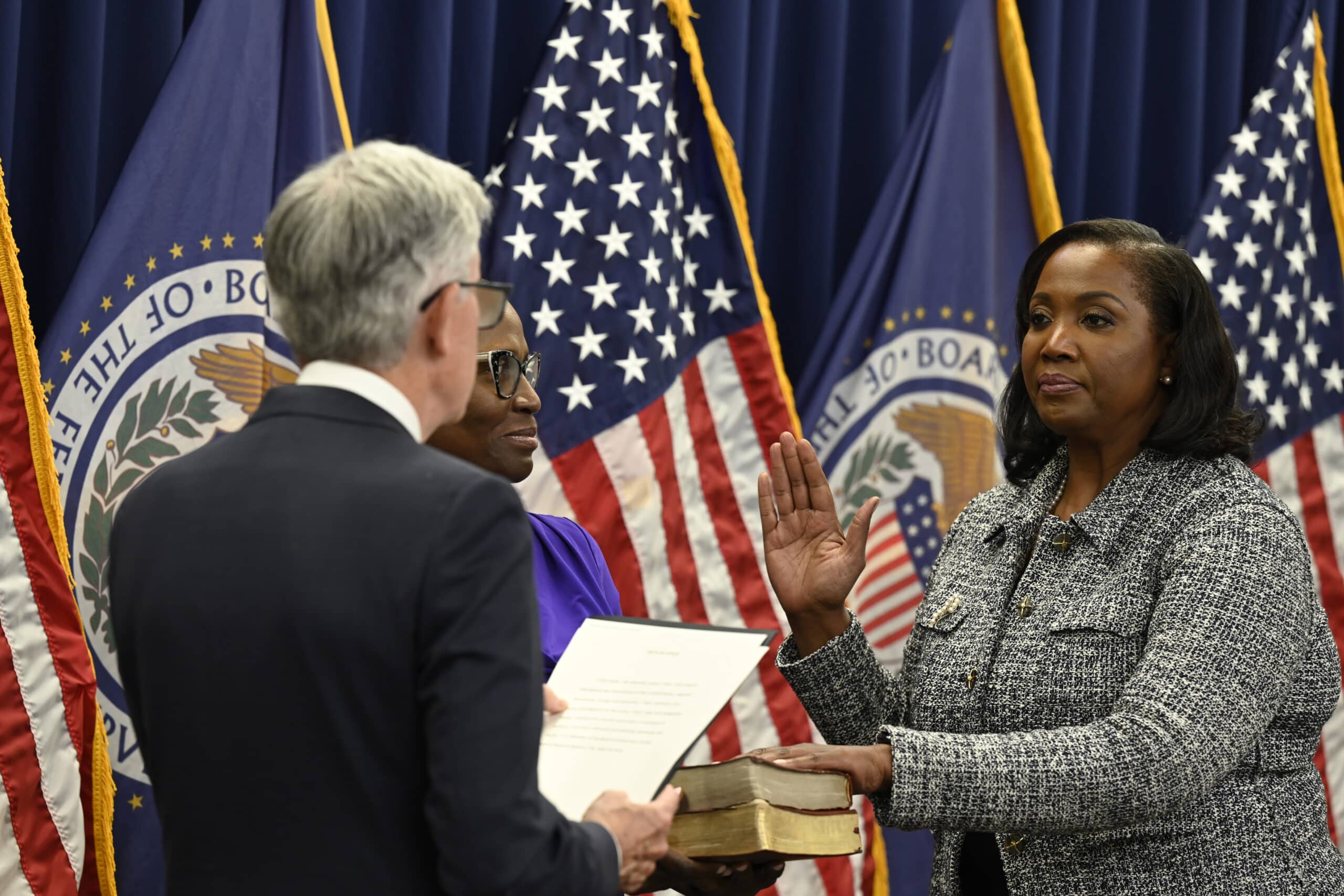 Federal Reserve Governor Lisa Cook takes the oath of office in May 2022. On June 29, 2026, the Supreme Court voted 5-4 to block President Trump's attempt to remove her from the position.