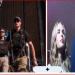 Two-panel collage: left shows armed security walking through a city street; right shows a man in a dark suit on stage with a blonde woman nearby.