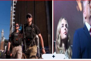 Two-panel collage: left shows armed security walking through a city street; right shows a man in a dark suit on stage with a blonde woman nearby.