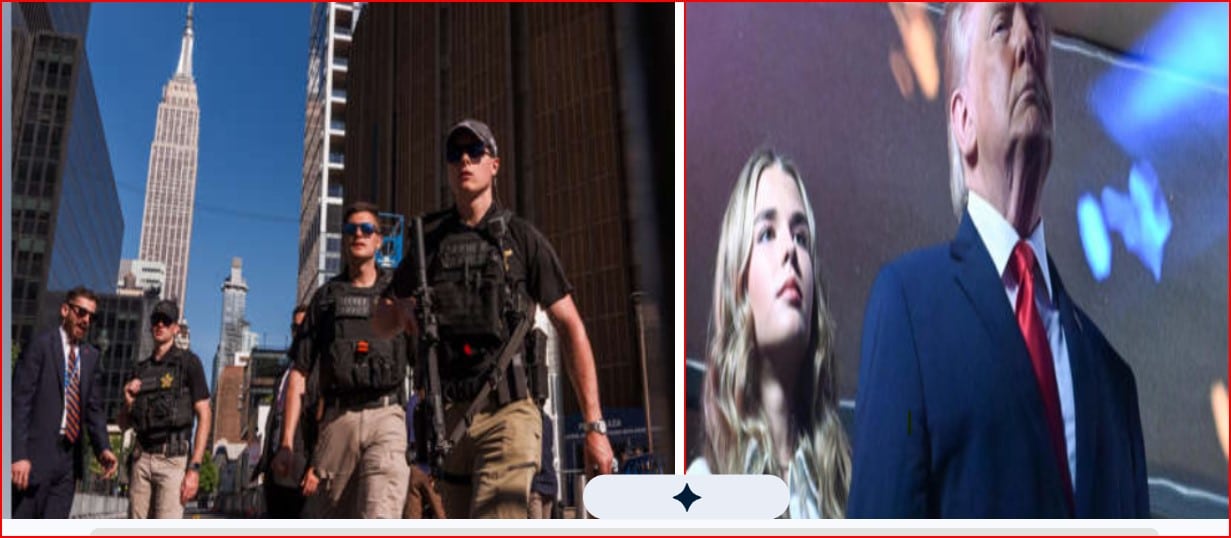 Two-panel collage: left shows armed security walking through a city street; right shows a man in a dark suit on stage with a blonde woman nearby.