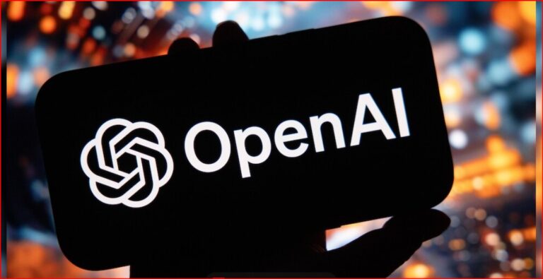 Smartphone held in hand displaying the OpenAI logo on a black screen with a colorful cityscape blur in the background, branding-focused image.