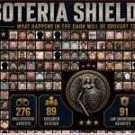 Infographic poster titled Soteria Shield 2026 with hundreds of small headshots surrounding a central shield, highlighting a law enforcement crackdown.