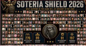 Infographic poster titled Soteria Shield 2026 with hundreds of small headshots surrounding a central shield, highlighting a law enforcement crackdown.