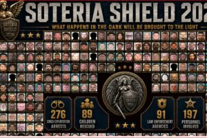 Infographic poster titled Soteria Shield 2026 with hundreds of small headshots surrounding a central shield, highlighting a law enforcement crackdown.