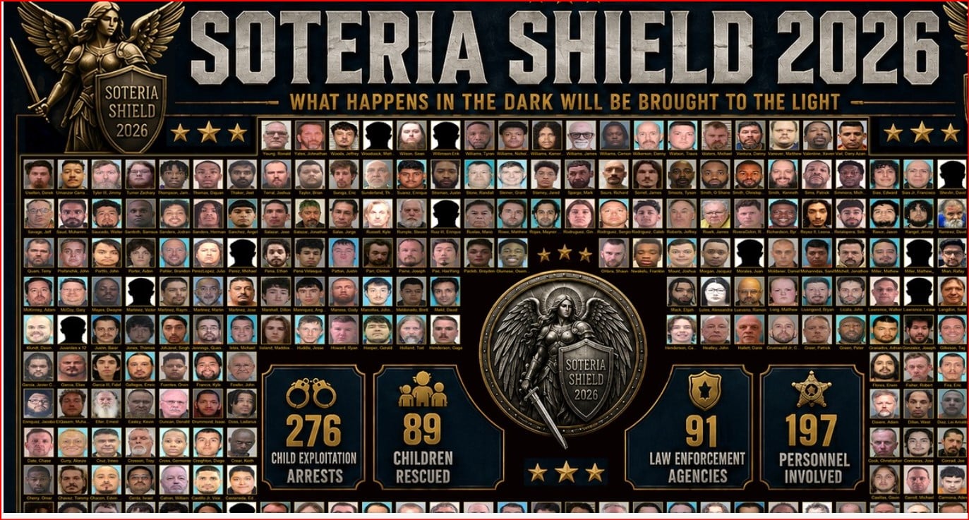Infographic poster titled Soteria Shield 2026 with hundreds of small headshots surrounding a central shield, highlighting a law enforcement crackdown.