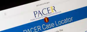 Screenshot of a PACER header on pcl.uscourts.gov showing the PACER logo and blue banner that reads 'PACER Case Locator'.