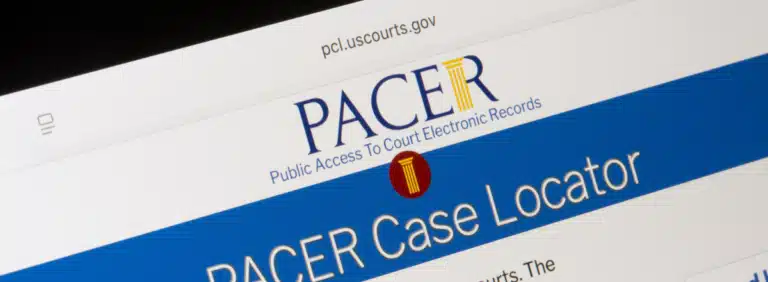 Screenshot of a PACER header on pcl.uscourts.gov showing the PACER logo and blue banner that reads 'PACER Case Locator'.